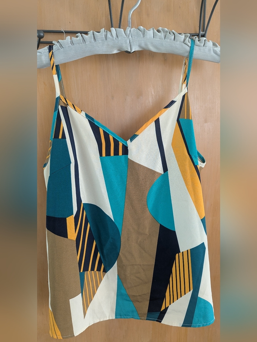 Geometric Print Cami in Teal, Mustard & Cream- Cute Twist Detail In The Back